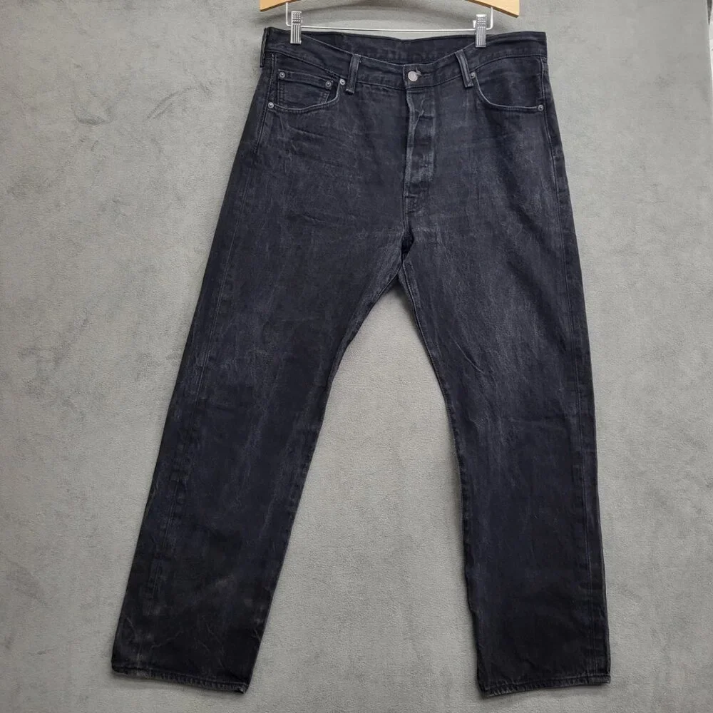 Levis 501 Jeans Mens 38x34 Black Denim Tapered Dark Wash Button Fly Black Label